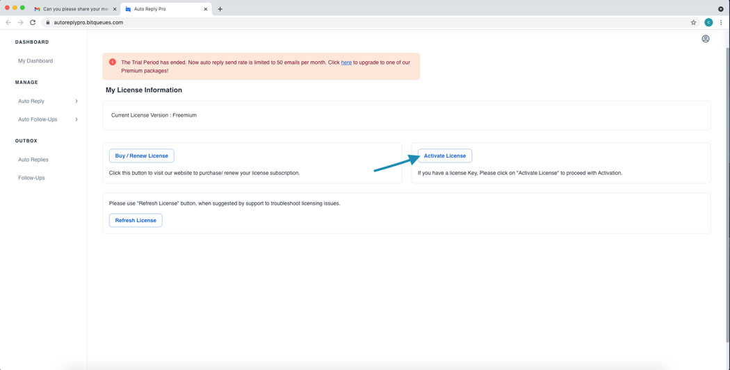 Auto Response Gmail License info view