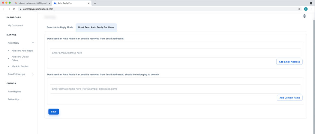 Adding specific Email addresses and domains to avoid sending auto response