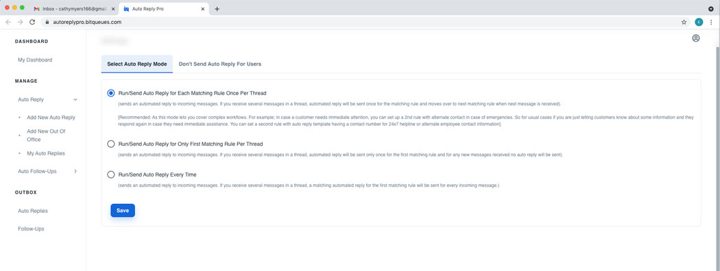 Settings Auto Reply Pro - Set Mail Send Mode