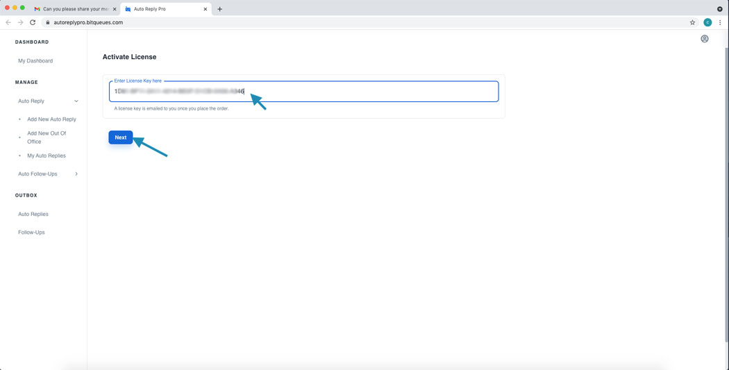Add Auto Response Gmail License key