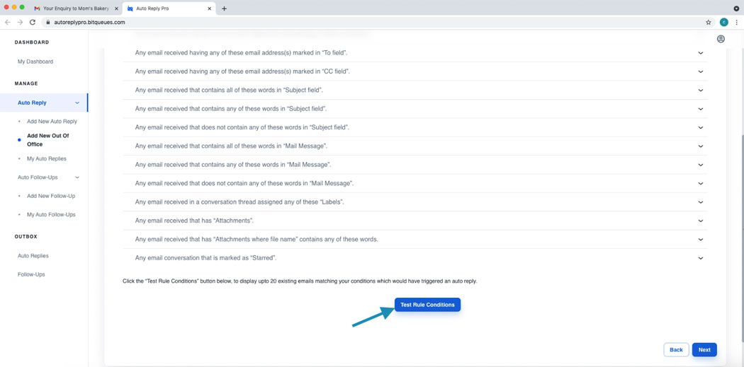Test Rule conditions for Out Of Office Gmail