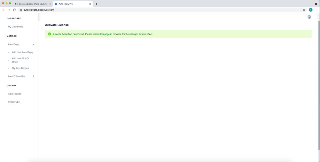 Auto Reply Gmail License Activation successful