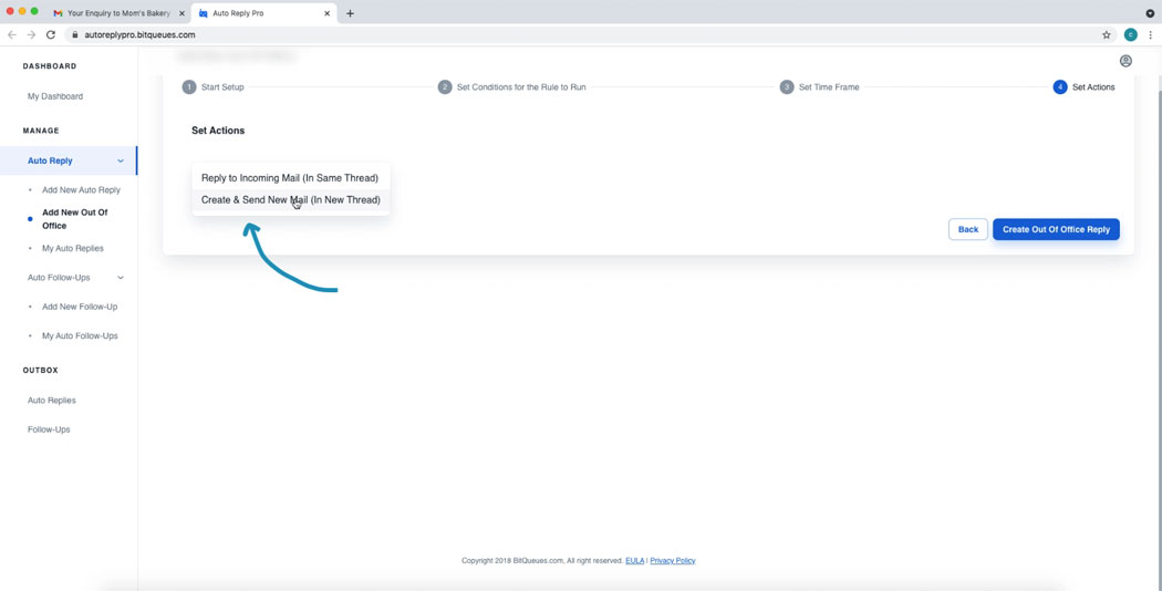 Actions for Out of office Create and send a new email or respond on same mail thread