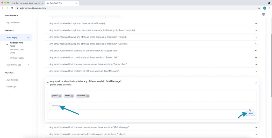 Add Auto Response condition words to trigger