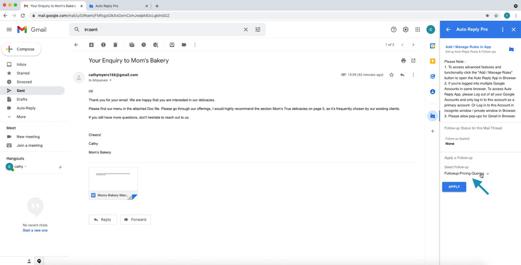 Applying a Auto Follow up to a mail message or thread in Gmail