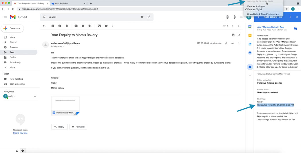 Schedule for Follow up mail sequence in Gmail side bar