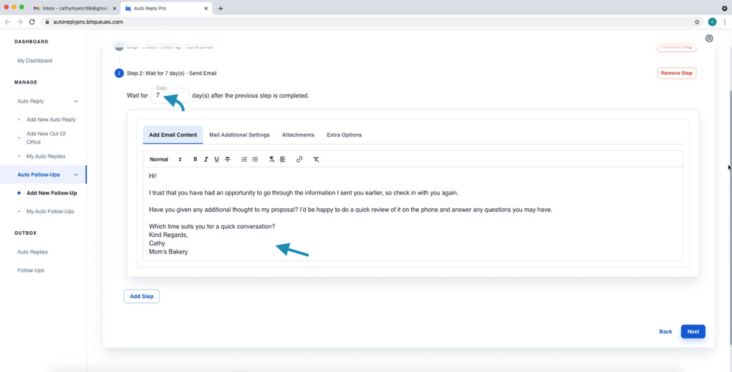 Add Step 2 in Follow up email sequence for Gmail