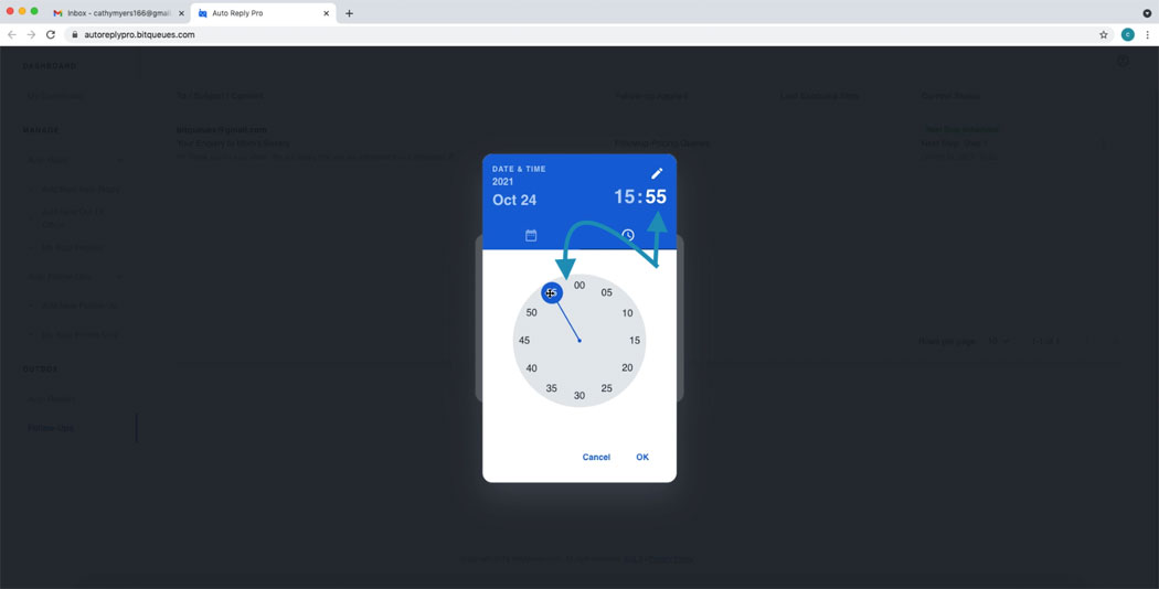 Change Time hours minutes for follow up gmail