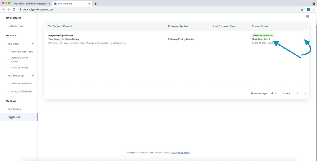 List of follow ups in Outbox