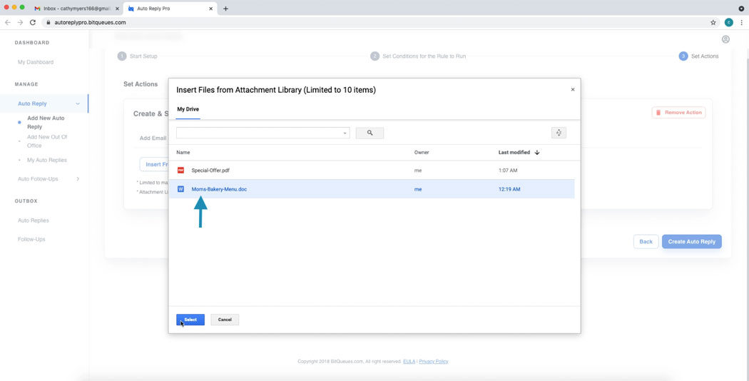 Auto Response Gmail Attach files from attachment library