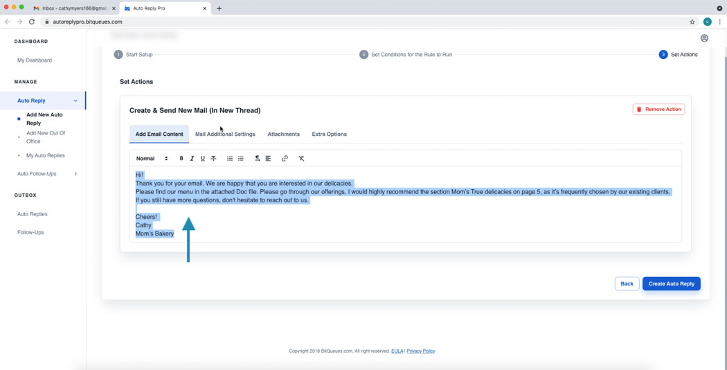Add email content for Auto Response to email address extracted from mail body