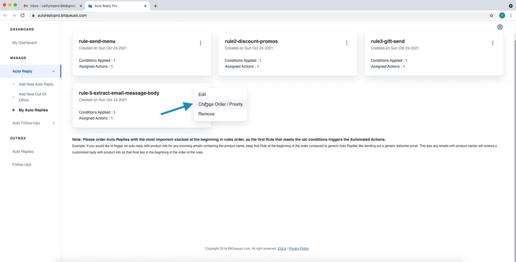 Change Auto Reply Rule Sequence