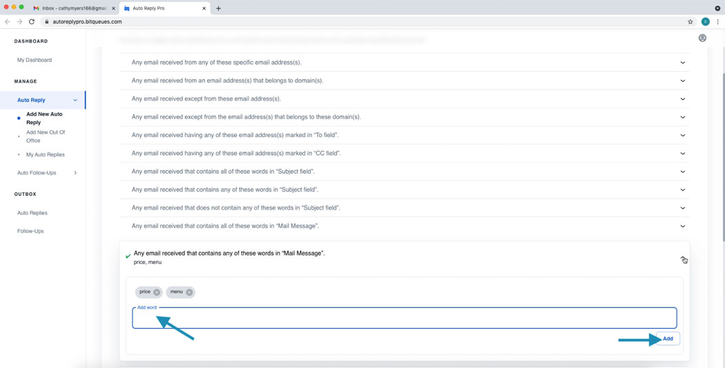 Set condition for auto response in gmail to an email address in mail body content