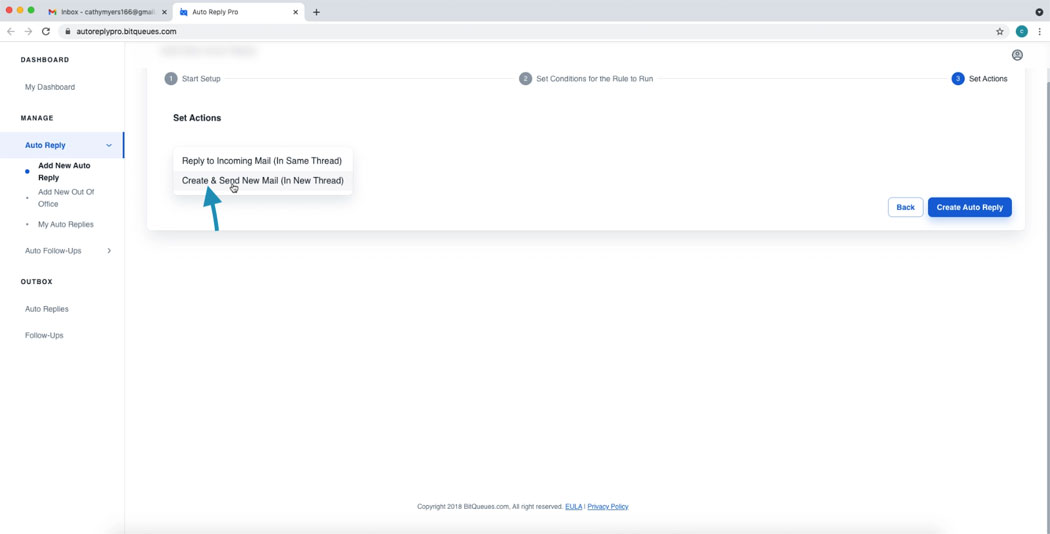 Set Action Create New Email Auto Response message in Gmail