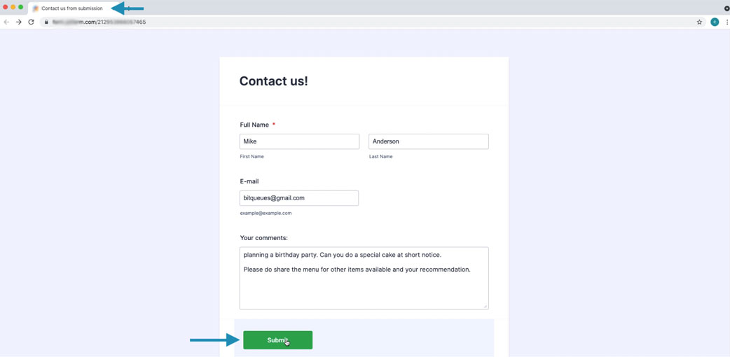 Submitting a Test form from website