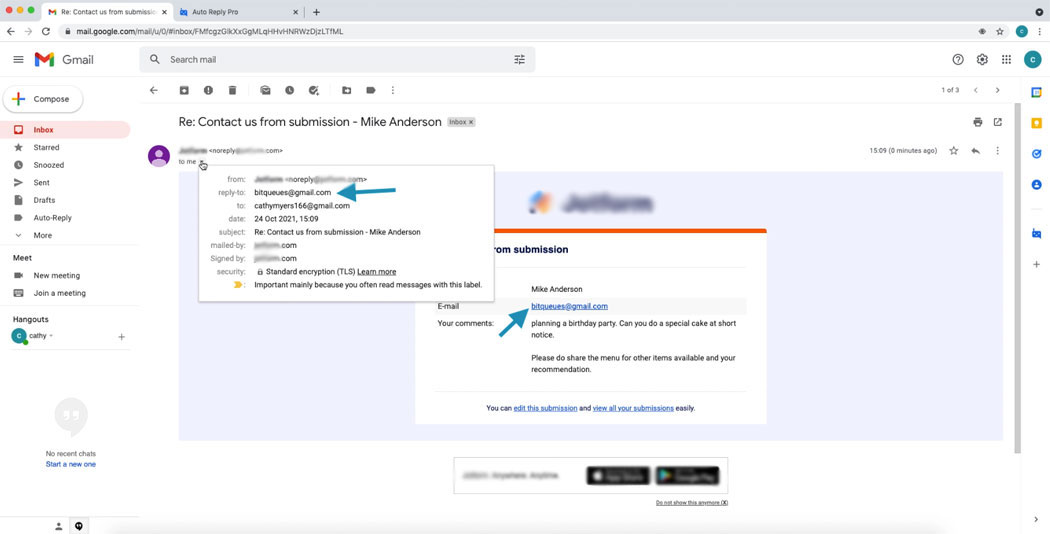 Email received with submitted form data