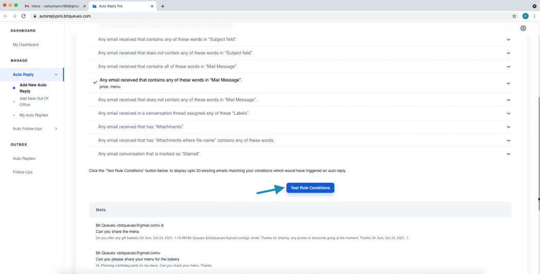 Test Conditions to check if auto response in gmail will be triggered for form submissions