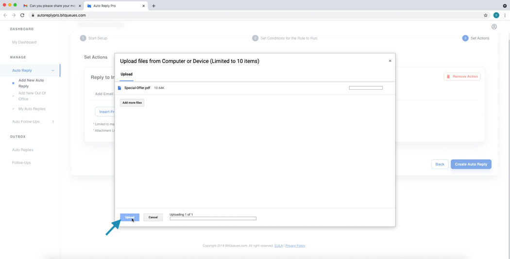 Gmail Auto Response File attachments upload in progress