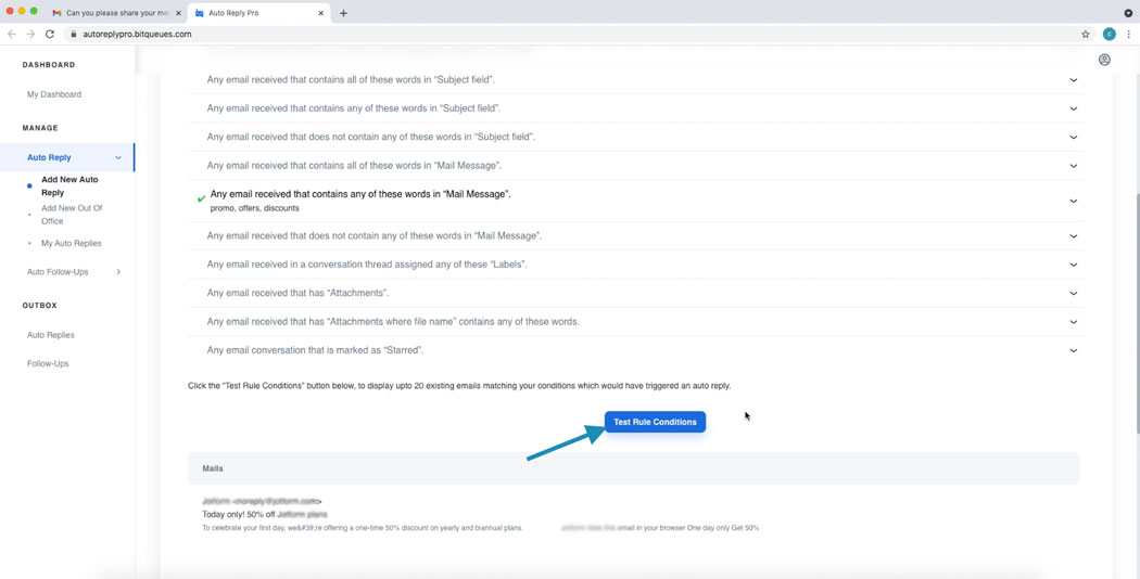 Test Rule Conditions for Gmail Auto Response